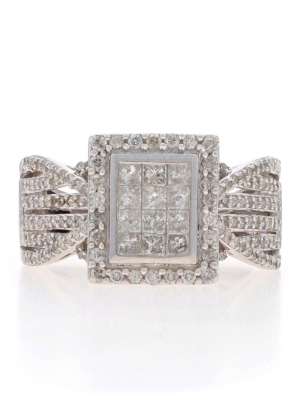 White Gold Diamond Cluster Halo Ring - 10k Princess & Single 1.00ctw